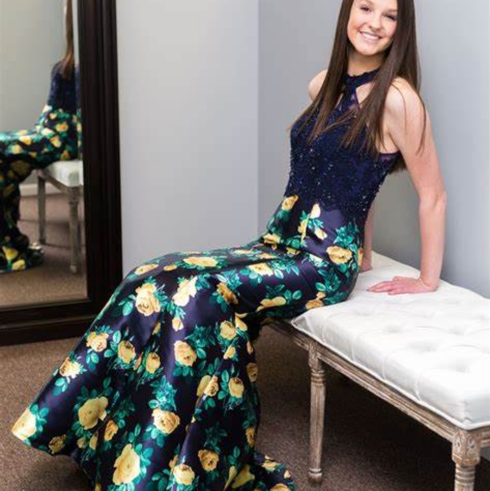 Designer Prom dress in Navy floral